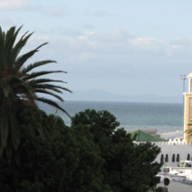 A coastal view of Tangier, Morocco, with Spain in the distance.